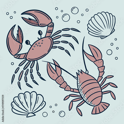 Delightful marine life featuring crabs, a lobster, and seashells underwater