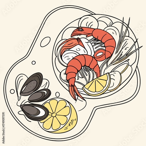 Delicious seafood platter with shrimp, mussels, and lemon slices on a plate