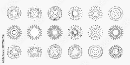 Collection of diverse circular floral and sunburst ornamental designs in grayscale outline