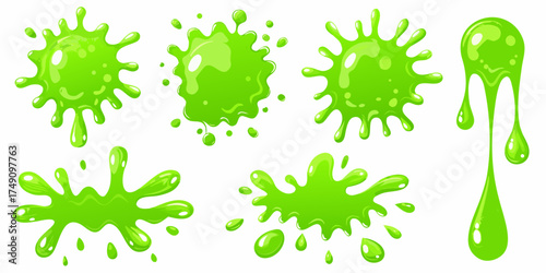 Collection of bright green cartoon slime splashes and drips on a white background