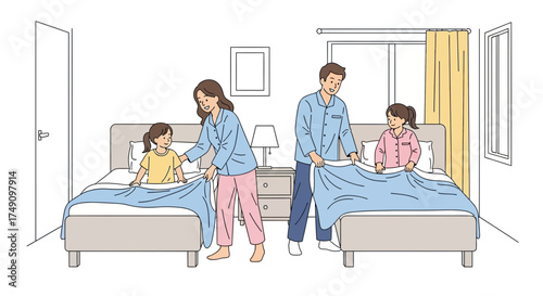 Loving parents tucking in their daughters for bedtime routine in a cozy bedroom setting