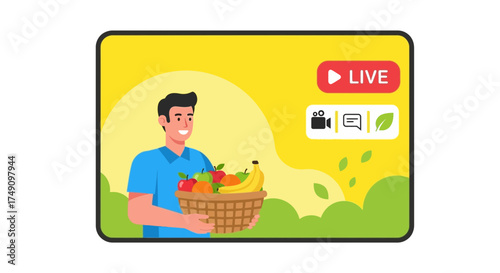 Live streaming of a healthy lifestyle with fresh organic fruits and natural environment focus