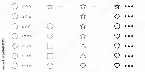 Collection of rating icons including stars circles hearts and squares with different fill levels