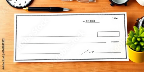 Blank white check on a desk, ready to be filled,   account, check
