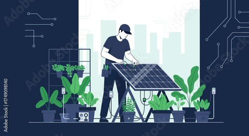 Man installing solar panels in urban garden for sustainable energy solution