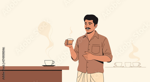 Man in traditional attire enjoying a cup of tea amidst a minimalist background scene