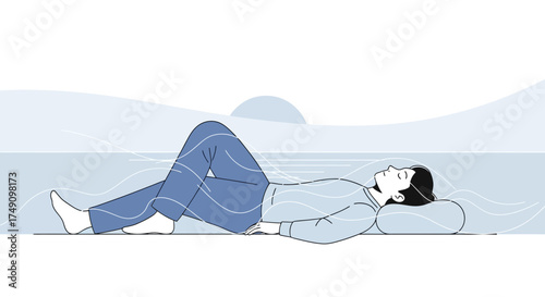 Man lying in relaxing pose with nature scenery, stress relief and resting concept