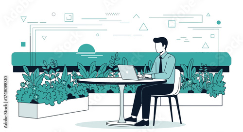 Man working remotely on laptop with ocean view illustration for digital nomad concept