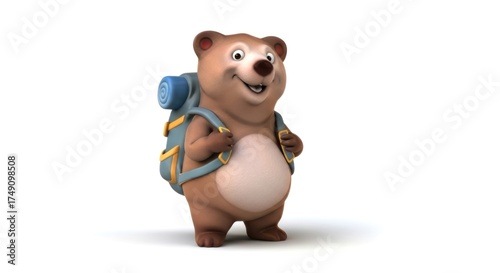 Cartoon bear with backpack ready for an adventure in 3D rendering animation character