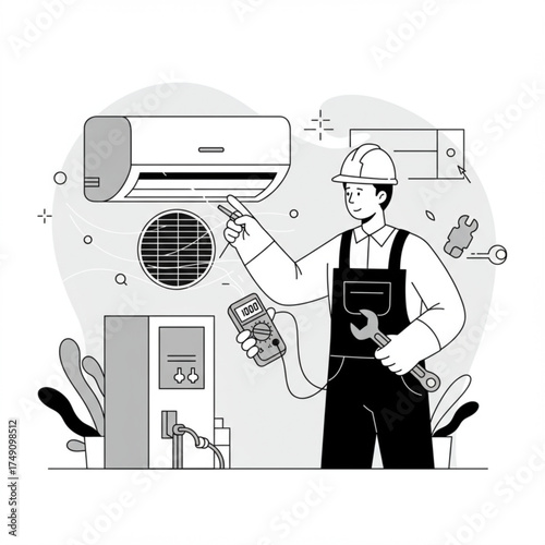 Air Conditioner Technician with Tools and Multimeter | HVAC System Maintenance Vector Illustration