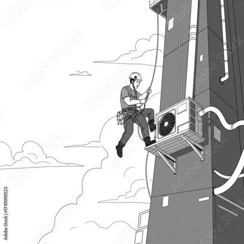 Air Conditioning Technician Working at Height | Vector Illustration of Professional HVAC Maintenance