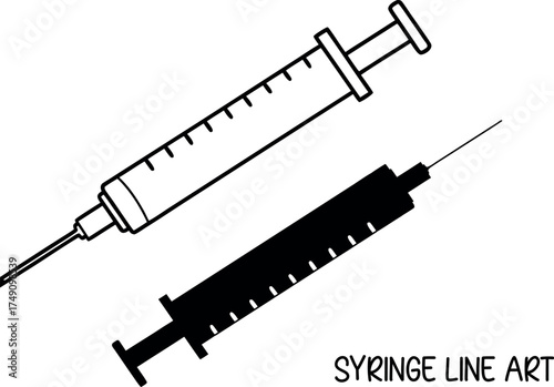 syringe outline vector, syringe black silhouette vector, syringe line art