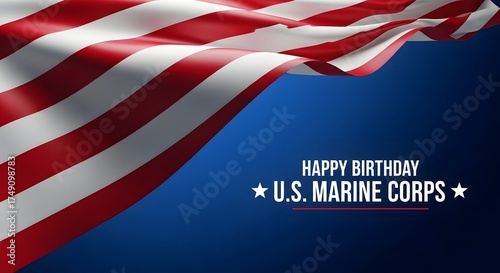 Happy birthday u s marine corps with waving american flag on blue background