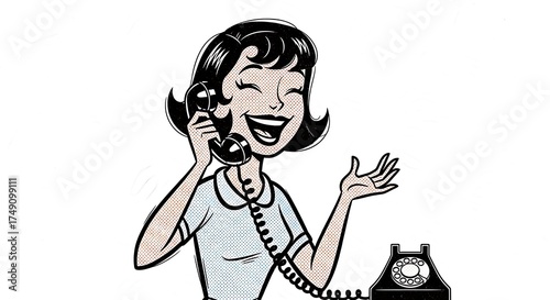 Vintage Woman Chatting on Rotary Phone with Enthusiasm.