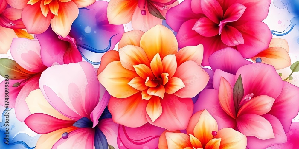 Fototapeta premium Fluid, blended watercolor blooms in vibrant hues forming a continuous, seamless design, illustration, botany