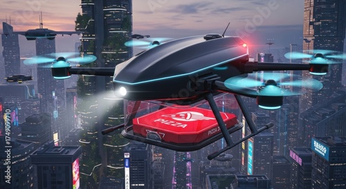 Futuristic cityscape showcasing drone delivery of pizza, a symbol of technological advancement