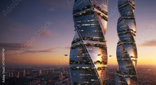 Futuristic eco-friendly skyscrapers with urban gardens in a vibrant city at sunset, symbolizing