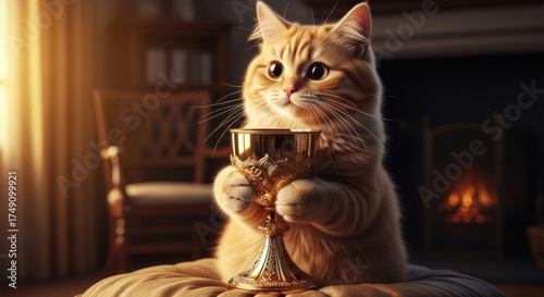 Ginger tabby cat holds a golden goblet with fireplace and bookshelf backgrounds adding a touch of