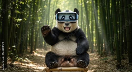 Panda bear experiences virtual reality in bamboo forest a modern animal adventure