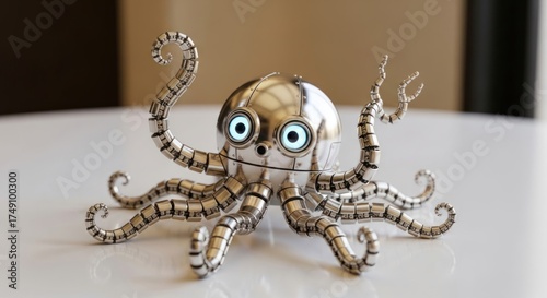 Steampunk Octopus Robot with Intricate Metal Tentacles and Glowing Blue Eyes Design