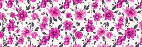 Wallpaper Mural A beautiful floral pattern with pink and magenta flowers and dark leaves is displayed on a white background creating a vibrant and elegant botanical design. Torontodigital.ca