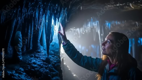 Woman Exploring a Cave Touching Stalactites and Stalagmites in Darkness.