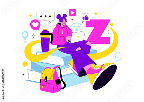 Gen Z Lifestyle Vector Illustration Featuring Growing Up with Internet and Digital Technology, Smartphones and Social Media in a Flat Style Background