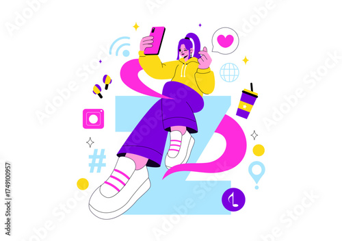 Gen Z Lifestyle Vector Illustration Featuring Growing Up with Internet and Digital Technology, Smartphones and Social Media in a Flat Style Background