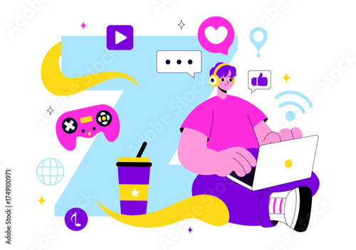 Gen Z Lifestyle Vector Illustration Featuring Growing Up with Internet and Digital Technology, Smartphones and Social Media in a Flat Style Background