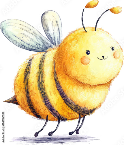 
Cute bee, children's book illustration style, simple watercolor vector lines, hand-drawn doodle, white background
