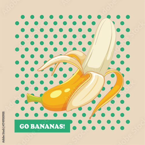 Playful pop art graphic of a peeled banana on a green polka-dot background. A fun, vibrant design great for youth apparel, humorous stickers, and retro backgrounds.