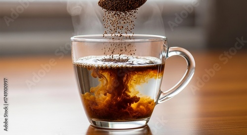 Close-up shot of instant coffee granules being poured into a clear glass mug with hot water.