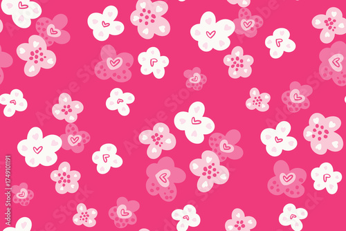 Hand drawn hearts nestled within graceful floral blooms, forming a romantic maximalist pattern in colors of pink shades and off white. Valentine’s Day seamless vector pattern. Great for home decor,etc