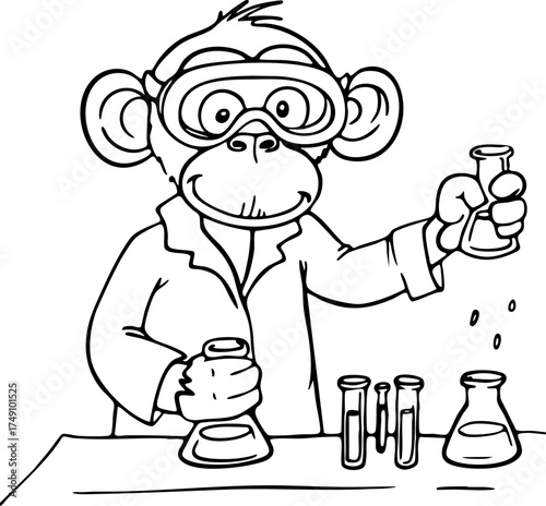 Funny monkey scientist wearing lab coat and goggles working with test tubes and flasks in a laboratory line drawing for kids coloring book