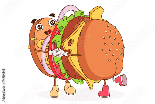 Groovy cartoon burger mascot character with embracing sesame seed bun, lettuce, tomato, cheese and patty layers. Playful in love fast food design with legs in colorful shoes and expressive face.