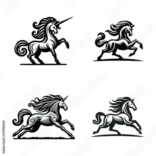 Four Unicorn and Horse Silhouettes Vector Illustrations