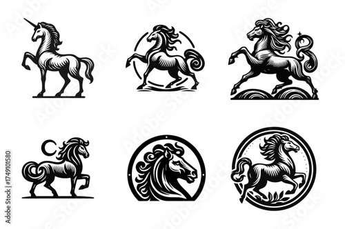 Black and White Horse Heraldry Vector Silhouettes Set
