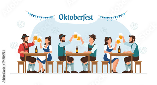 Oktoberfest celebration with people in traditional Bavarian costumes raising beer glasses and