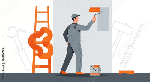 Painting services illustration showcasing a professional painter at work with tools and ladder