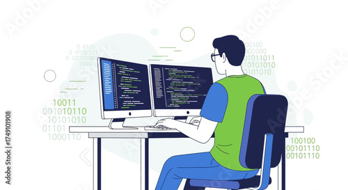 Professional programmer working on a dual monitor setup showcasing software development environment