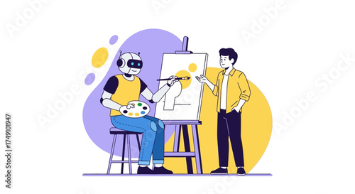 Robot artist creating digital artwork with human assistance in modern workspace
