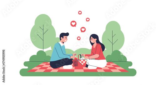 Romantic picnic scene with a couple enjoying quality time in nature illustration