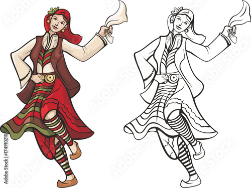 Vector national Bulgarian dancing girl in traditional folk costume. Folklore traditions of Eastern Europe, Bulgaria, Russia, Balkans. Colorful, and ready-to-cut black and white versions included.