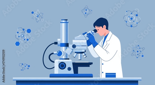 Scientist using microscope conducting research with atom models in laboratory setting illustration