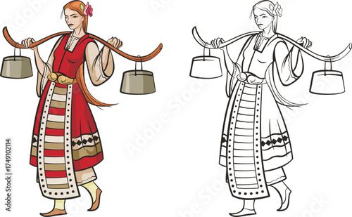 Non-AI vector Slavic woman in traditional folk costume. Culture and folklore traditions of Eastern Europe, Bulgaria, Russia, Balkans. Colorful, and ready-to-cut black and white versions included.