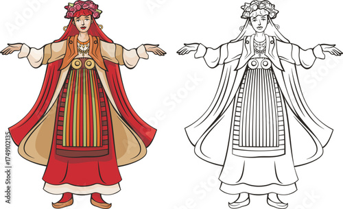 Vector Slavic woman in traditional folk costume. Culture and folklore traditions of Eastern Europe, Bulgaria, Russia, Balkans. Colorful, and ready-to-cut black and white versions included.