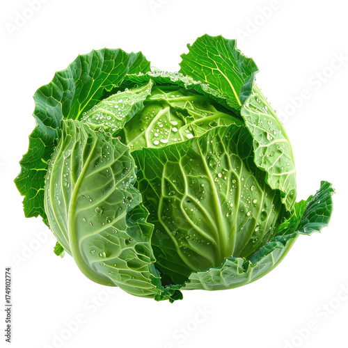 Fresh, vibrant green cabbage head with water droplets. Isolated on black