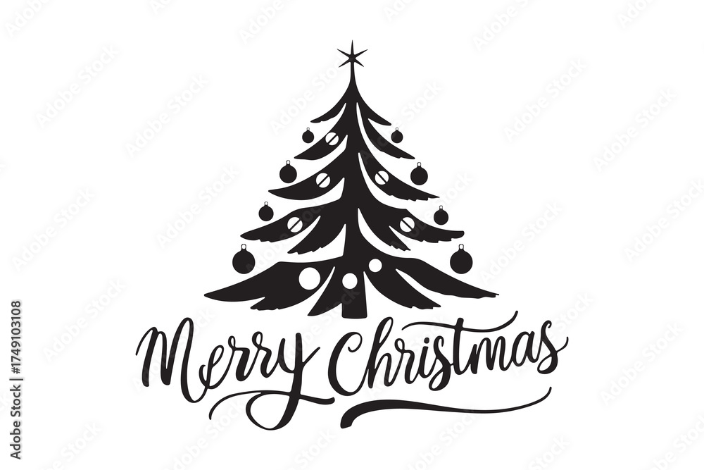 Obraz premium christmas tree silhouette with ornaments and merry christmas text for festive greeting card and seasonal holiday design