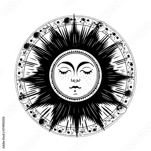 Black and white solar face with a circular pattern of lunar phases. Vector engraving on a white background. Vector illustration featuring astronomy, astrology, and celestial phenomena.