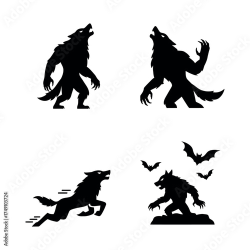 Set of werewolf Halloween icons in modern flat silhouette style